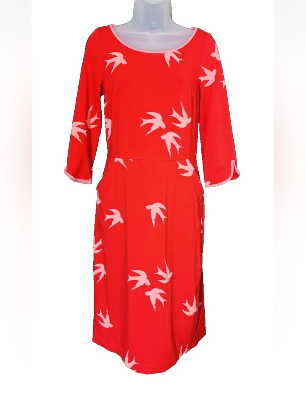 Boden Jessie Jersey Knit Dress Swallows Birds Red Pink Knee Length Size 4 Reg